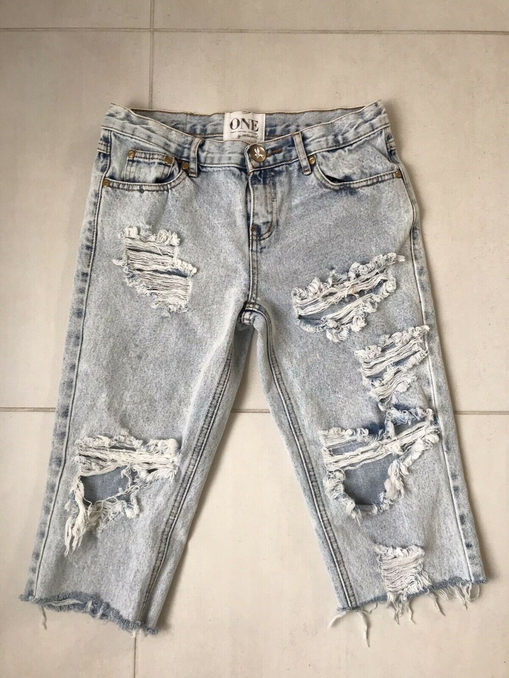 One Teaspoon Distressed Awesome Baggy Cut Off Denim Jeans FLAW
